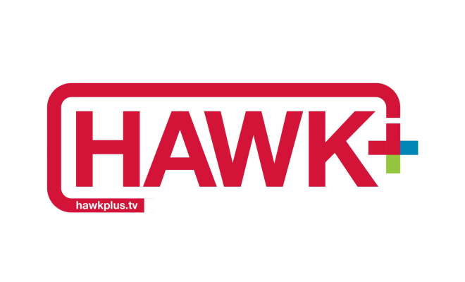 Logo of University's streaming platform, Hawk+. Hawk is in all caps in red font and next to it is a colorful plus sign with a line that extends from the top and circles around to the bottom of the h.
