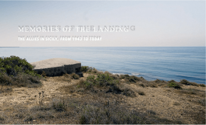 cliffside WW2 bunkers on the coast of Licata, Sicily. Text overlay is Memories of the Landing, The Allies in Sicily from 1943 to Today