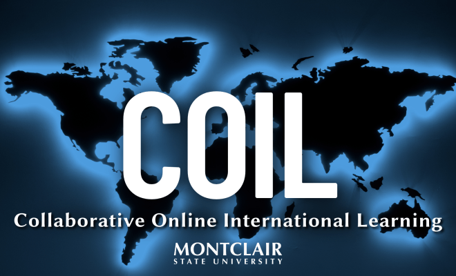 COIL Collaborative Online International Learning Logo over blue World Map glowing