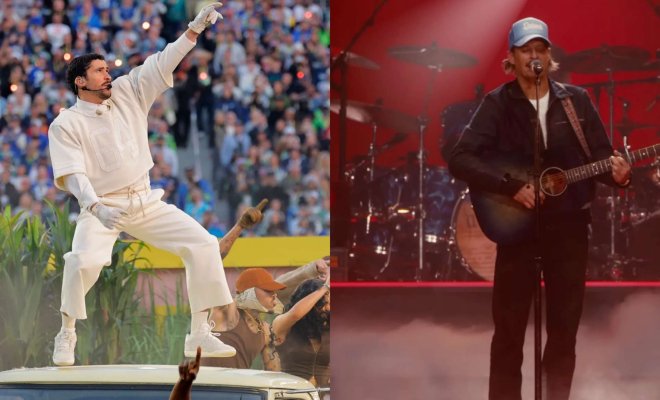 Bad Bunny left side and Kid Rock on the right side, comparison view.
