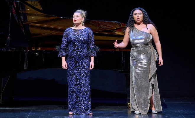 Two voice performers on Kasser Stage for Kaleidoscope