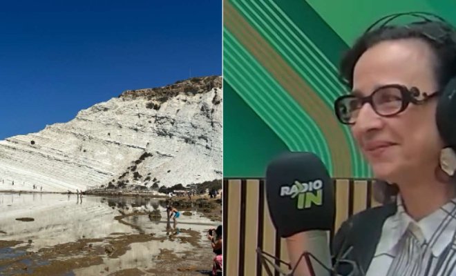 A composite image of Scala dei Turchi on the left side and a  woman wearing headphones and sitting in front of a microphone on the right side