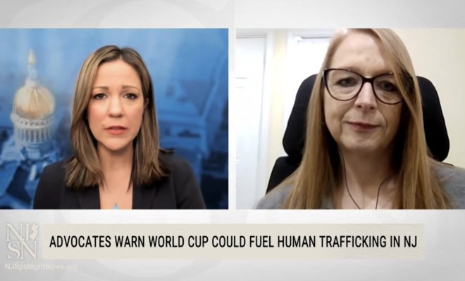 A split screen with a news anchor on the left side and a interviewee, a college professor, on the right