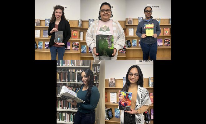 collage of graduating seniors holding books