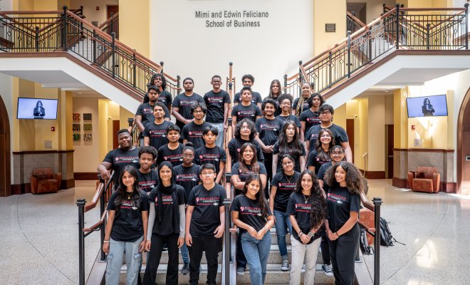 Upward Bound students in Feliciano School of Business, group photo