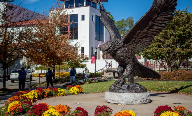 red hawk statue surrounded by red, orange, and yellow flowers