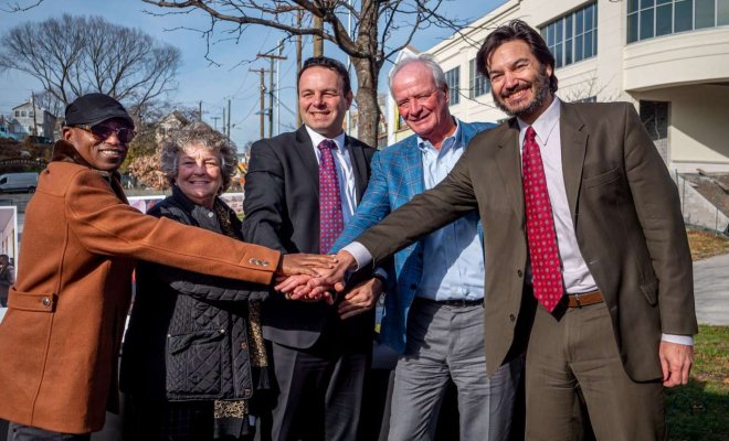 From Left: BAW Development, LLC CEO Baye Adolfo-Wilson, Paterson Public Schools Superintendent Eileen F. Shafer, Paterson Mayor Andre Sayegh, donor Chuck Muth '77 and Montclair President Jonathan Koppell.