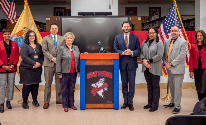 From left: Assemblywoman Shavonda Sumter (D-35); Paterson Public Schools Executive Director, Full Service Community Schools Jenna Goodreau; Paterson Mayor Andre Sayegh; Paterson Public Schools Superintendent Eileen F. Shafer; Montclair President Jonathan Koppell; Paterson Education Fund Executive Director Rosie Grant; Eastside High School Principal of Operations Edgard Nieves; and Geraldine R. Dodge Foundation Chief Executive Officer Tanuja Dehne.