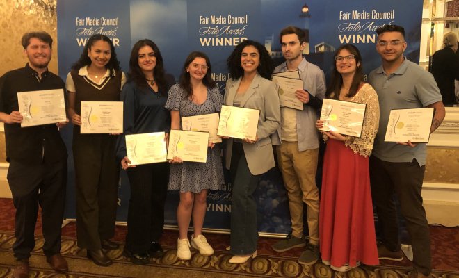 At the 2024 FOLIO Awards from left; Tyler Granata, Film &amp; TV ‘24; Terry Dickerson, Journalism and Digital Media ‘24; Michelle Ruiz, Film &amp; Television ‘24; Ashleigh Corby, Journalism and Digital Media ‘24; Isabella Alvarez, Social Media &amp; Public Relations ‘25; Peter Guziejewski, Social Media and Public Relations ‘25; Izzy Conklin, BFA Filmmaking‘25; Nino DeNino, Journalism and Digital Media ‘25.