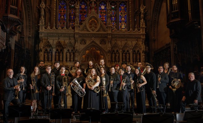 CaliBrass Ensemble on stage at the Music 250 concert at Trinity Church NYC, conducted by Dr. Thomas McCauley and organized by Dr. Micah Killion.