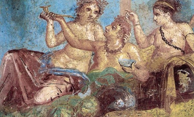 Ancient fresco of 3 happy banqueters