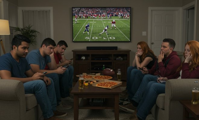 A group of people facing each other sitting on couches watching a football game. There is a table in the middle with pizza.