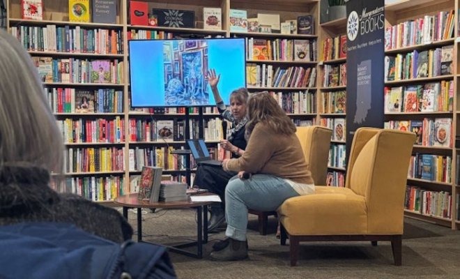 Author Julie Heffernan speaks at an event Jan. 22, 2025, at Morgenstern's Bookstore and Cafe in Bloomington. Heffernan discussed her new graphic novel "Babe in the Woods, or the Art of Getting Lost" at the event Wednesday. Photo by Arnaav Anand