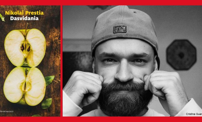 graphic with book cover of Dasvidania on left and photo of author Nikolai Presita on right, in black and white, twisting his moustache