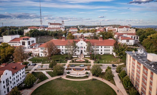 Aerial view of Cole Hall and surrounding buildings.