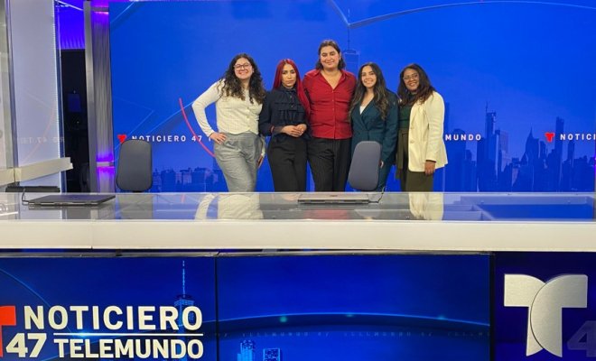 L to R are SCM students Jennifer Sanchez, Adarlin Batista Núñez, Dani Mazariegos, Monserrat Nava, and Rubi Capellan Bonifacio who are teaming up to create a mini-documentary about the 60th anniversary of Telemundo 47.