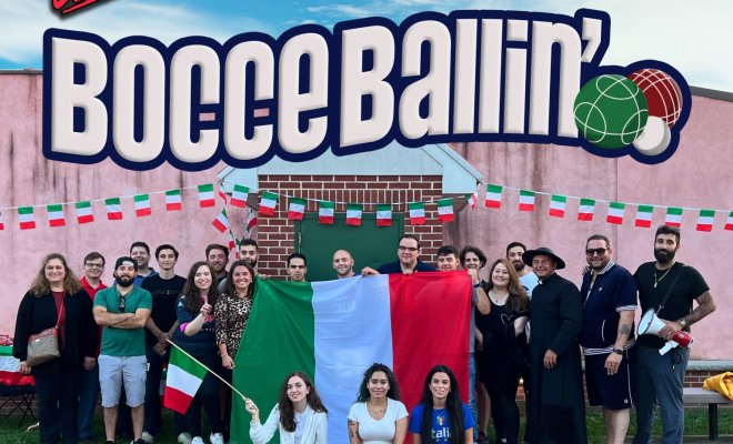 Photo of students gathering to play Bocce