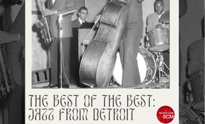 A graphic of a jazz band playing on a stage in black and white.