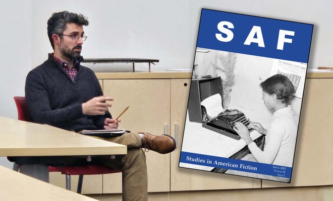 a man sits at a table in an office, a book cover for "Saf" overlays the picture