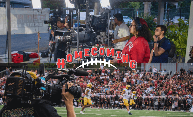 Graphic of student broadcasters and camera person recording football players on the field.