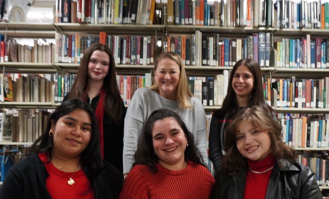 The “EveryLibrary, EveryVoice” campaign was developed and implemented by five Montclair students. Sitting from left to right are Noelia Aguirre Reyes (’26), Hallie Lippey (’25) and Grace Velazquez (’27). Standing left to right are Libby Brennan (’25), Assistant Teaching Professor and Montclair PRSSA Chapter Advisor Erin Weinberg and Mary Lage (’25).