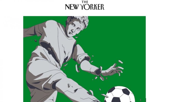 New Yorker cover showing a classical era statue crumbling while kicking a black and white soccer ball 