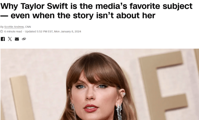 A Screengrab of a story on CNN.com featuring Taylor Swift, a popular young singer with blonde hair wearing long earrings. She is looking directly into the camera.