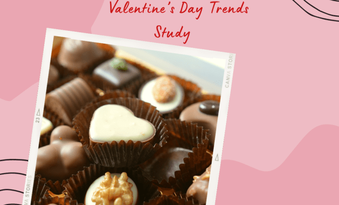 A box of chocolates on a pink background with red lettering that says "Montclair Valentine's Day Study"
