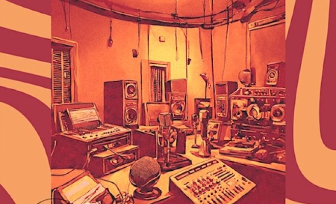 Graphic of 57th Anniversary promo. Image has a 70's disco design with yellow and red swirls, based in a radio broadcast booth.