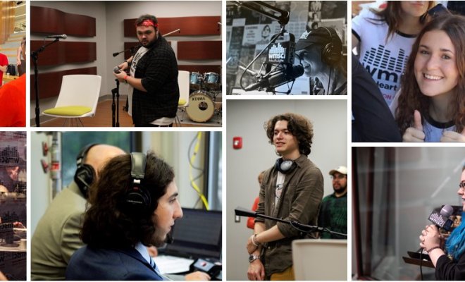 A collage of seven happy, smiling college students working for a college radio station.