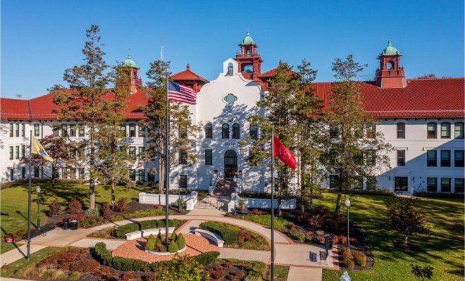 An exterior, aerial view of Cole Hall at Montclair State University