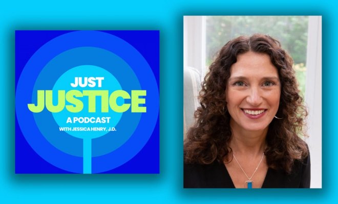A composite image of Jessica Henry's headshot and the logo for "Just Justice" podcast