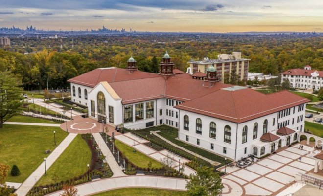 An aerial view of Cole Hall at Montclair State University