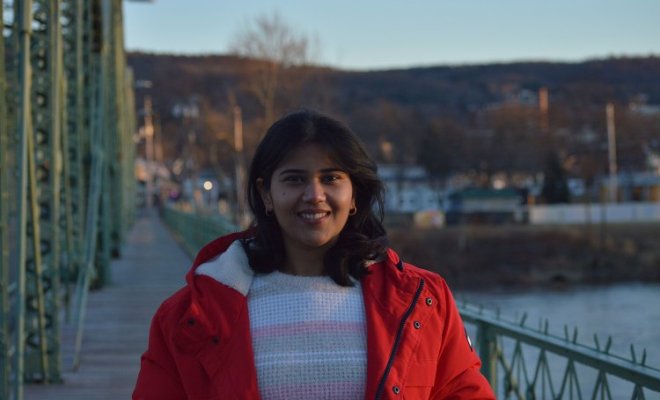 A woman stands on a bridge n front of a park