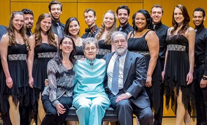 Christine Consales, Kay Consales and J. Douglas Peters (seated) with Musical Theatre and Vocal Performance majors of the John J. Cali School of Music who performed at the dedication ceremony under the direction of Professors Clay James and Gregory J. Dlugos.
