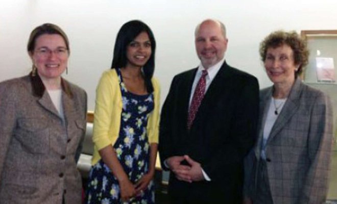 Professor Dorothy Rogers, Chairperson, Philosophy and Religion Department, Tayler-Benfield Scholar Misbahul Fatima, Steven Resnick, Esq. ’93 and Marilyn Tayler, Professor, Political Science and Law