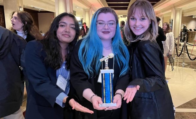WMSC Homecoming Award Recipients: (Left to Right) Digital Marketing Director Gurleen Kaur, Music and Web Director Emily McCormack, and Promotions Director and Assistant Digital Marketing Director Shannon Daly.