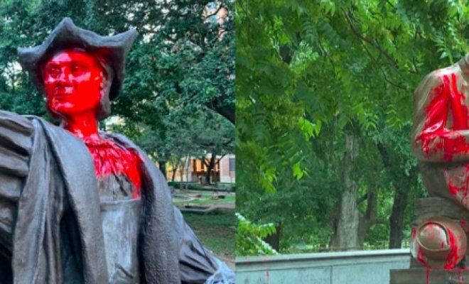 A composite of two images of statues of Christopher Columbus covered in red paint 