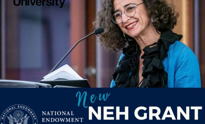 An image of a woman standing at a podium overlaid with text reading "New NEH Grant Recipients"