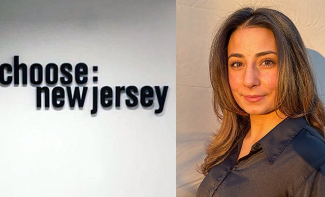 A composite image of the Choose: New Jersey wall sign and the headshot of Adriana Morsella