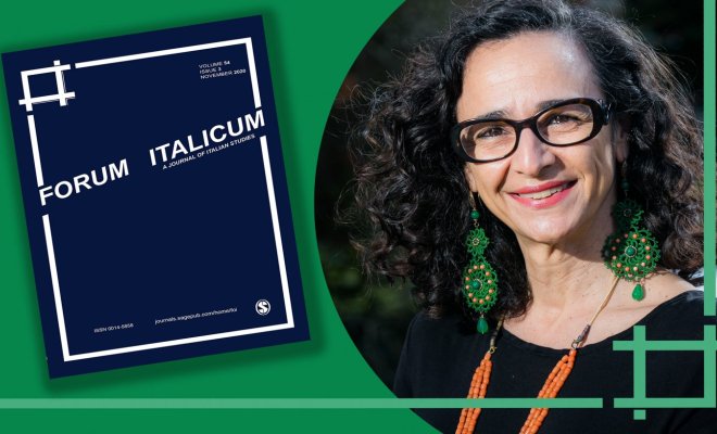 A composite image of Dr. Fiore's headshot and the cover of the book "Forum Italicum"