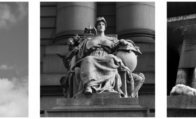 Three black-and-white photos of historic statues and a stone lion sculpture