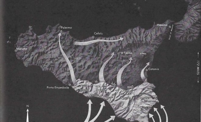 A black and white map of Sicily titled "Operations in Sicily"
