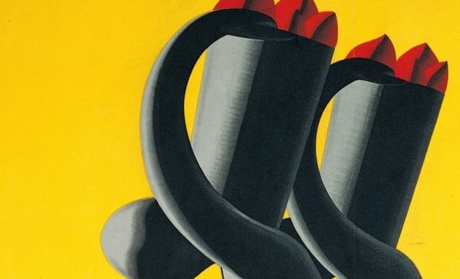 Stylized illustration of two black mugs with red geometric shapes against a bright yellow background