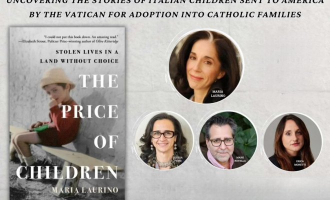 A composite image of a book cover for "The Price of Children" and four headshots