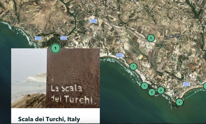 Map of Sicily with an inset labeled "Scala dei Turchi, Italy"