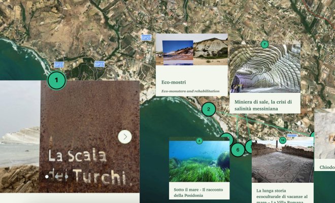 Map of Sicily with various insets about points of interest on the map