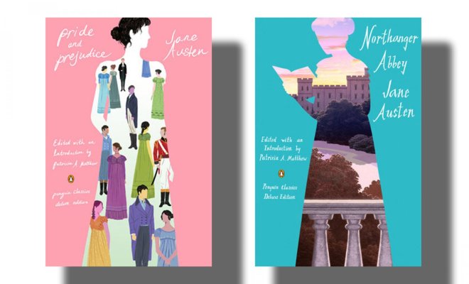Contemporary book covers for "Pride and Prejudice" and "Northanger Abbey" by Jane Austen