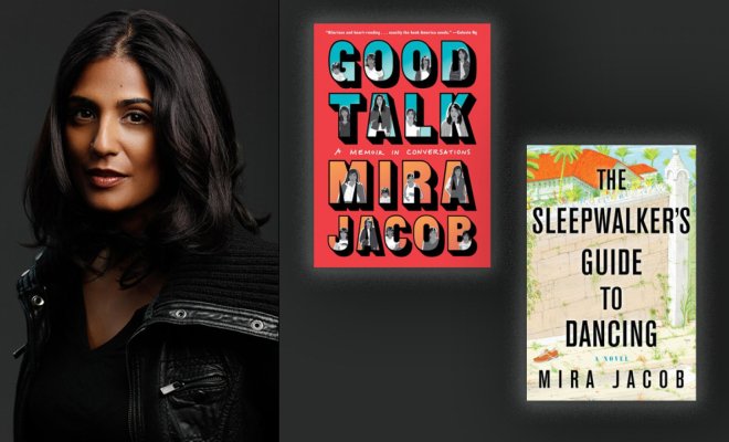 A headshot of Mira Jacob with two of her book covers