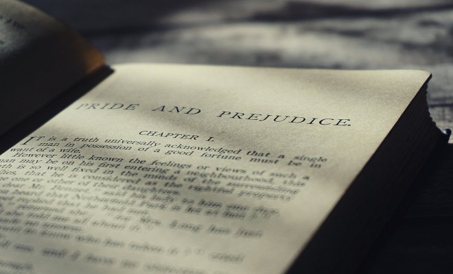A close up of Chapter 1 of Pride and Prejudice